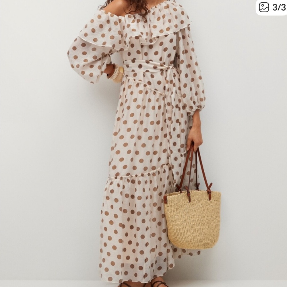 MNG/ MANGO | Drop/Off the Shoulder Polka Dot Ruffle Maxi Dress